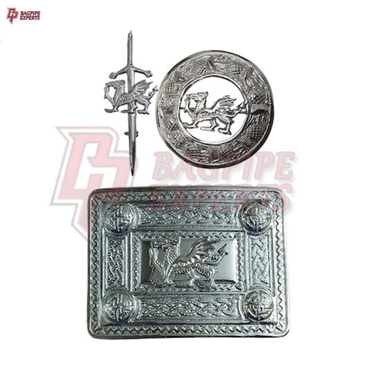 Scottish Kilt Belt Buckle – Dragon Design Chrome Finish with Brooch & Pin