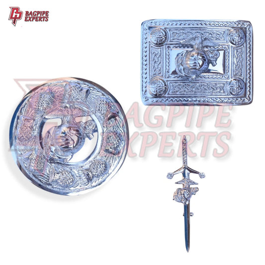 US Marine Chrome Kilt Belt Buckle – Scottish Highland Brooch & Pin Set