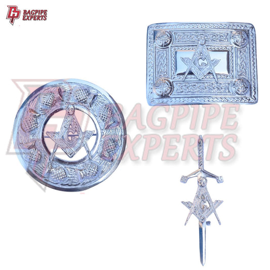 Scottish Highland Kilt Belt Buckle – Masonic Chrome Finish with Brooch & Pin