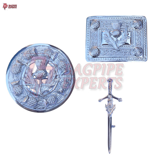Scottish Highland Chrome Kilt Belt Buckle – Thistle Design with Brooch & Pin