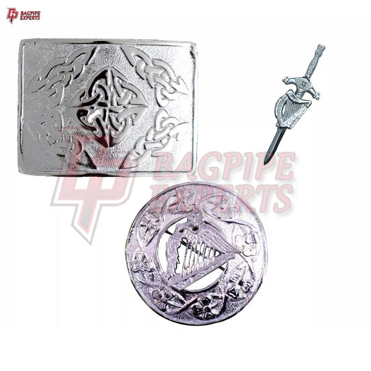 Scottish Kilt Belt Buckle Set – Chrome Harp Design with Piper Plaid Brooch & Kilt Pin