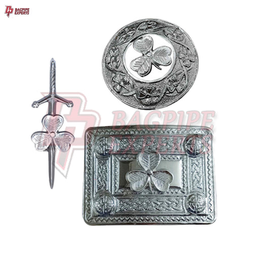 Scottish Kilt Belt Buckle – Triple Thistle Chrome Finish with Brooch & Pin
