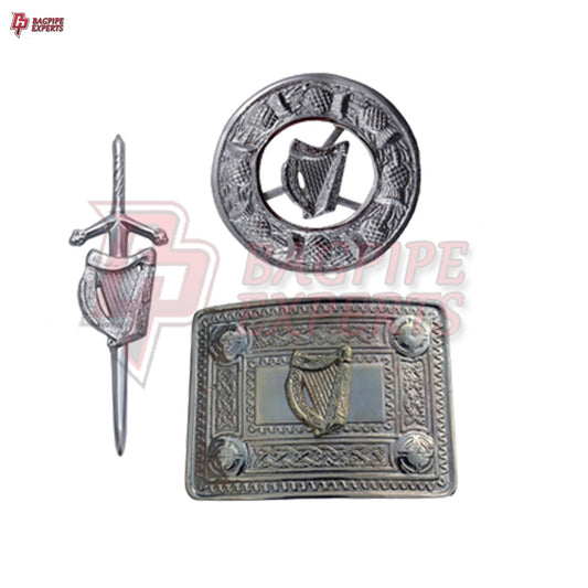 Scottish Highland Chrome Kilt Belt Buckle – Irish Harp Design with Brooch & Pin