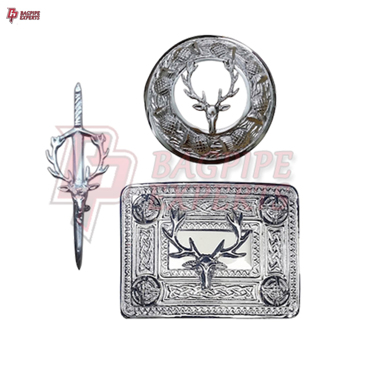 Scottish Kilt Belt Buckle – Celtic Knot Chrome Finish with Brooch & Pin