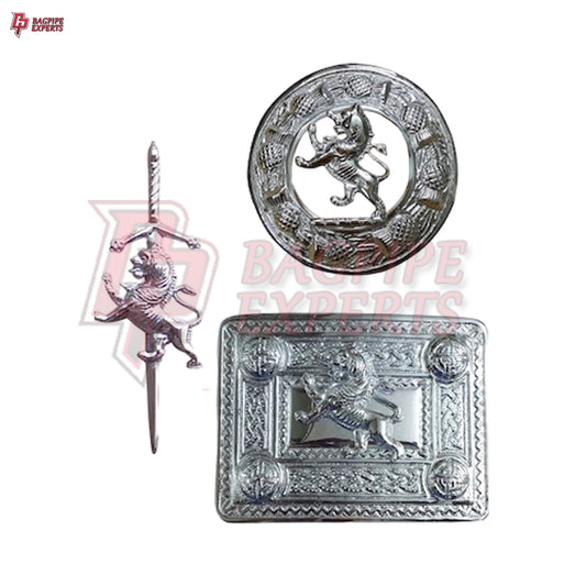 Scottish Highland Chrome Kilt Belt Buckle – Lion Rampant Design with Brooch & Pin