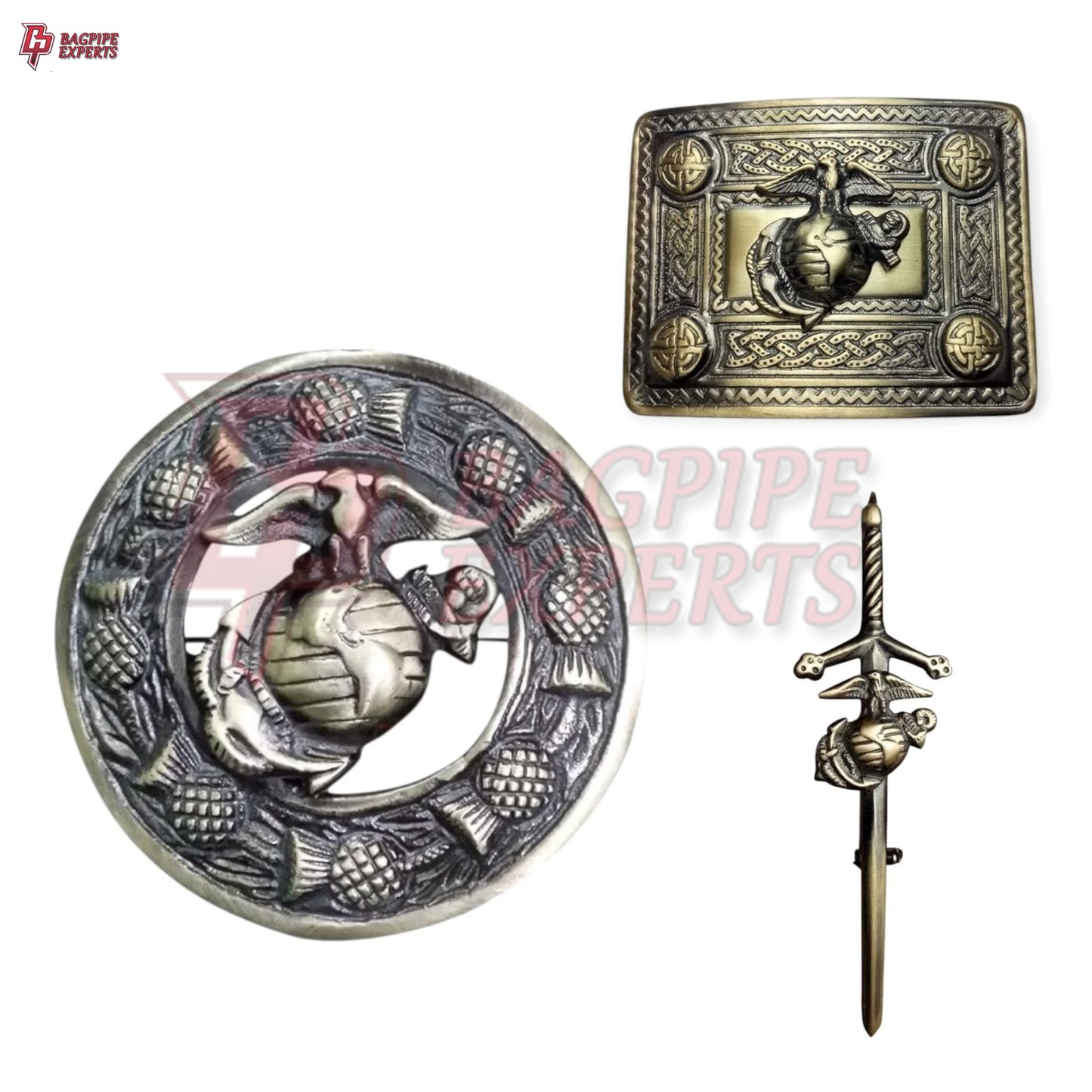 US Marine Kilt Belt Buckle – Scottish Highland Antique Finish with Brooch & Pin