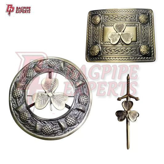 Scottish Kilt Belt Buckle Set – Antique Triple Thistle with Brooch & Pin