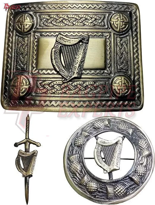 Scottish Antique Kilt Belt Buckle Harp – Highland Brooch & Pin Set