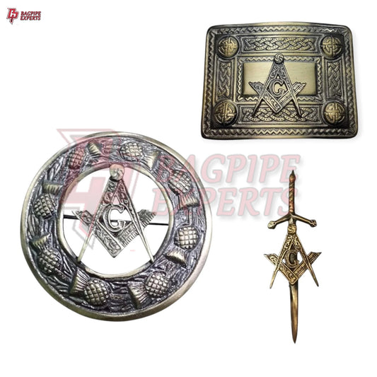 Scottish Kilt Belt Buckle Set – Antique Thistle Masonic with Brooch & Pin