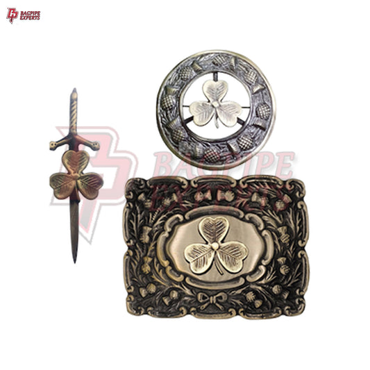 Scottish Kilt Belt Buckle – Antique Shamrock Design with Brooch & Pin