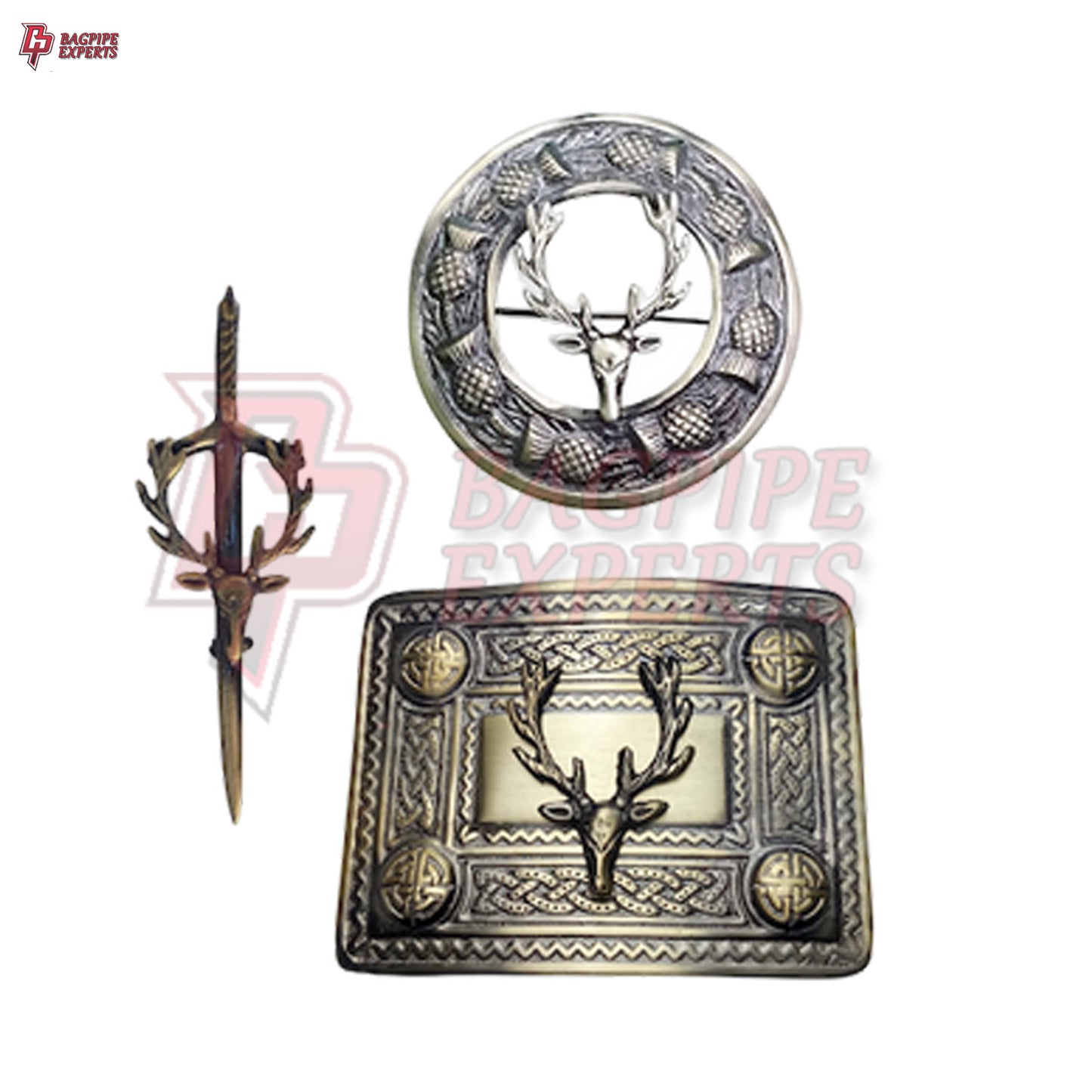 Scottish Stag Kilt Belt Buckle – Antique Finish with Matching Brooch & Pin
