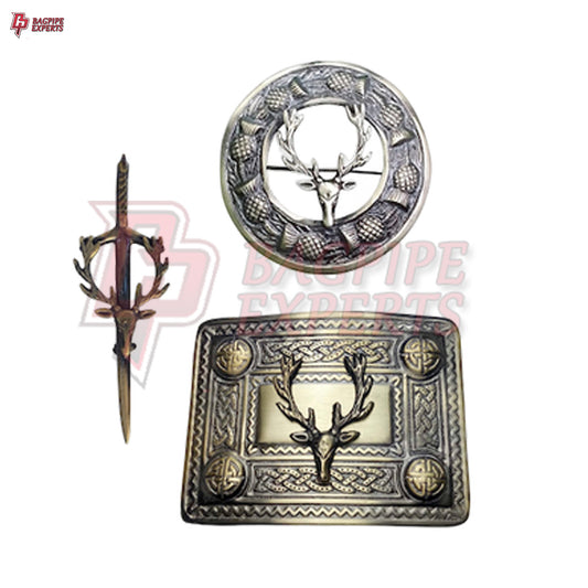 Scottish Stag Kilt Belt Buckle – Antique Finish with Matching Brooch & Pin