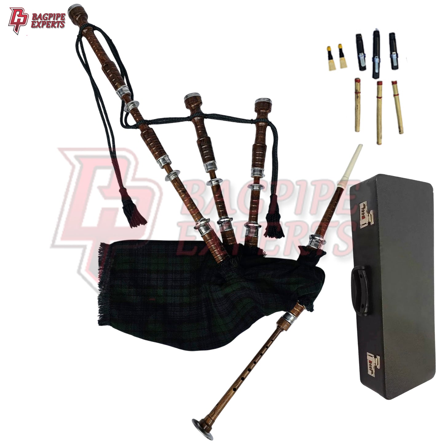 Great Highland Bagpipes – Black Watch Tartan with Natural Mounts, Case & Reeds