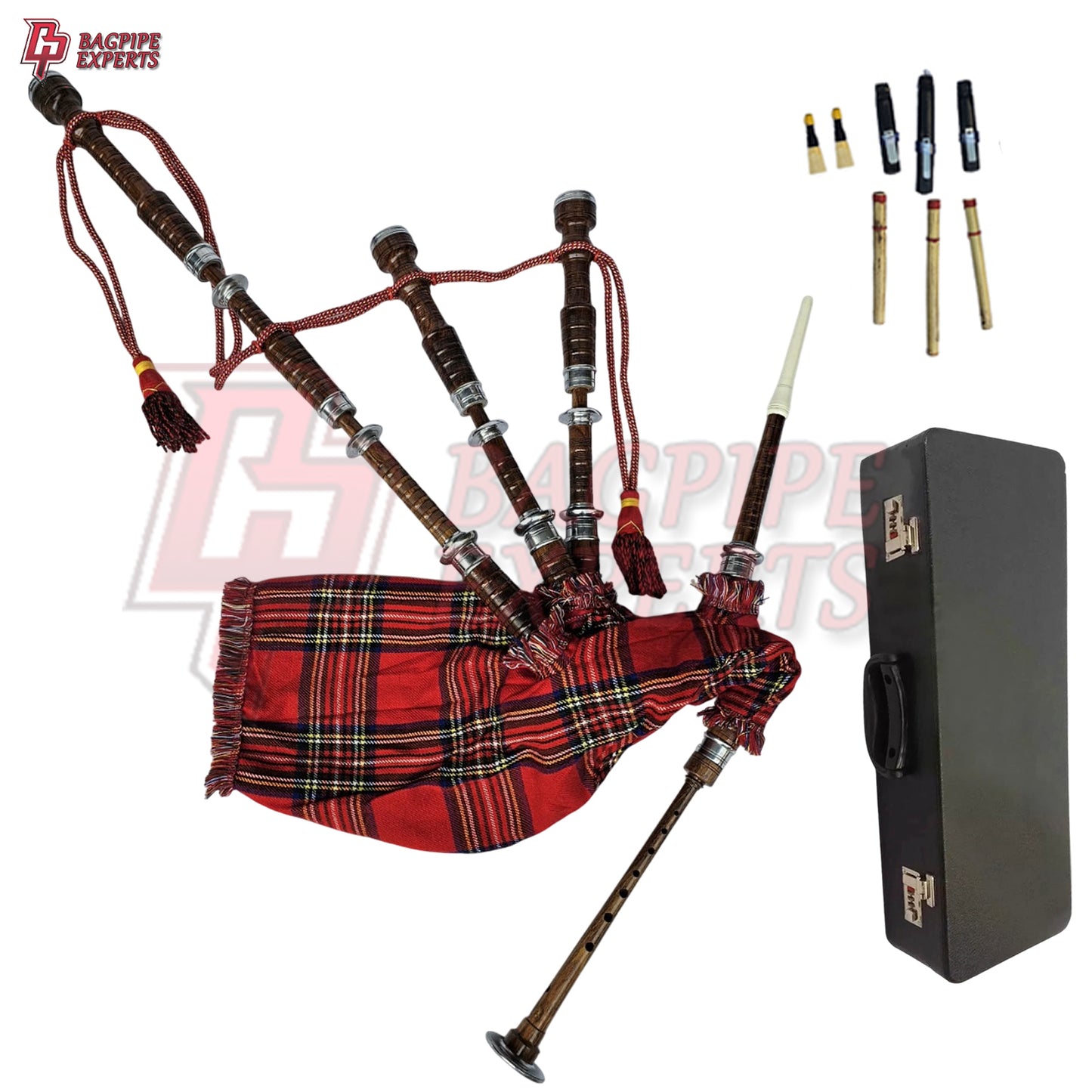 Great Highland Bagpipes – Royal Stewart Tartan with Natural Mounts, Case & Reeds