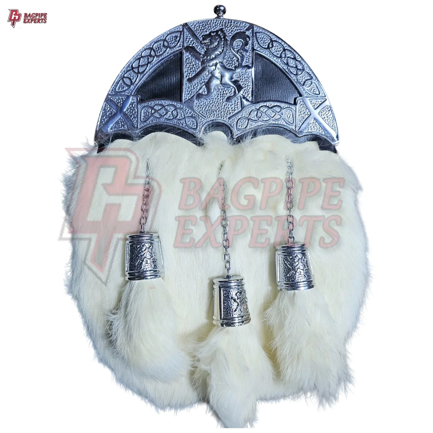Dress Sporran – White Rabbit Hair with Lion Rampant Chrome Cantle