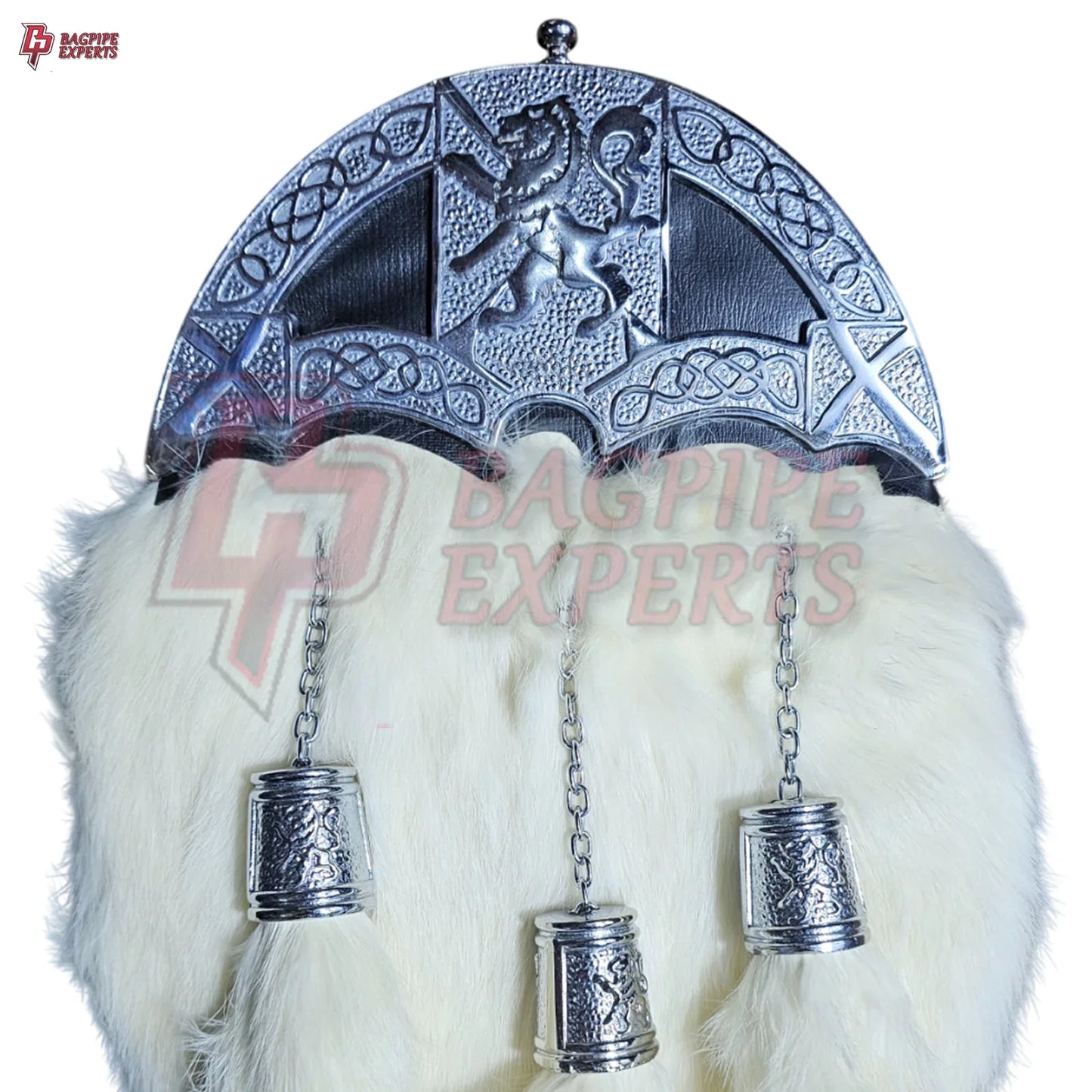 Dress Sporran – White Rabbit Hair with Lion Rampant Chrome Cantle