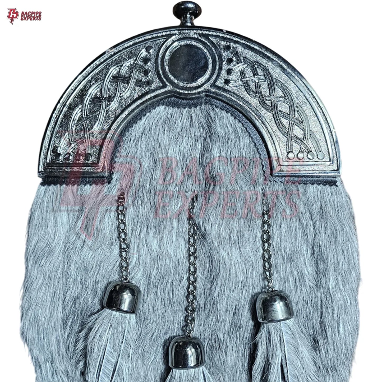 Premium Grey Fur Dress Sporran – 3 Tassels & Polished Chrome Cantle for Highland Wear