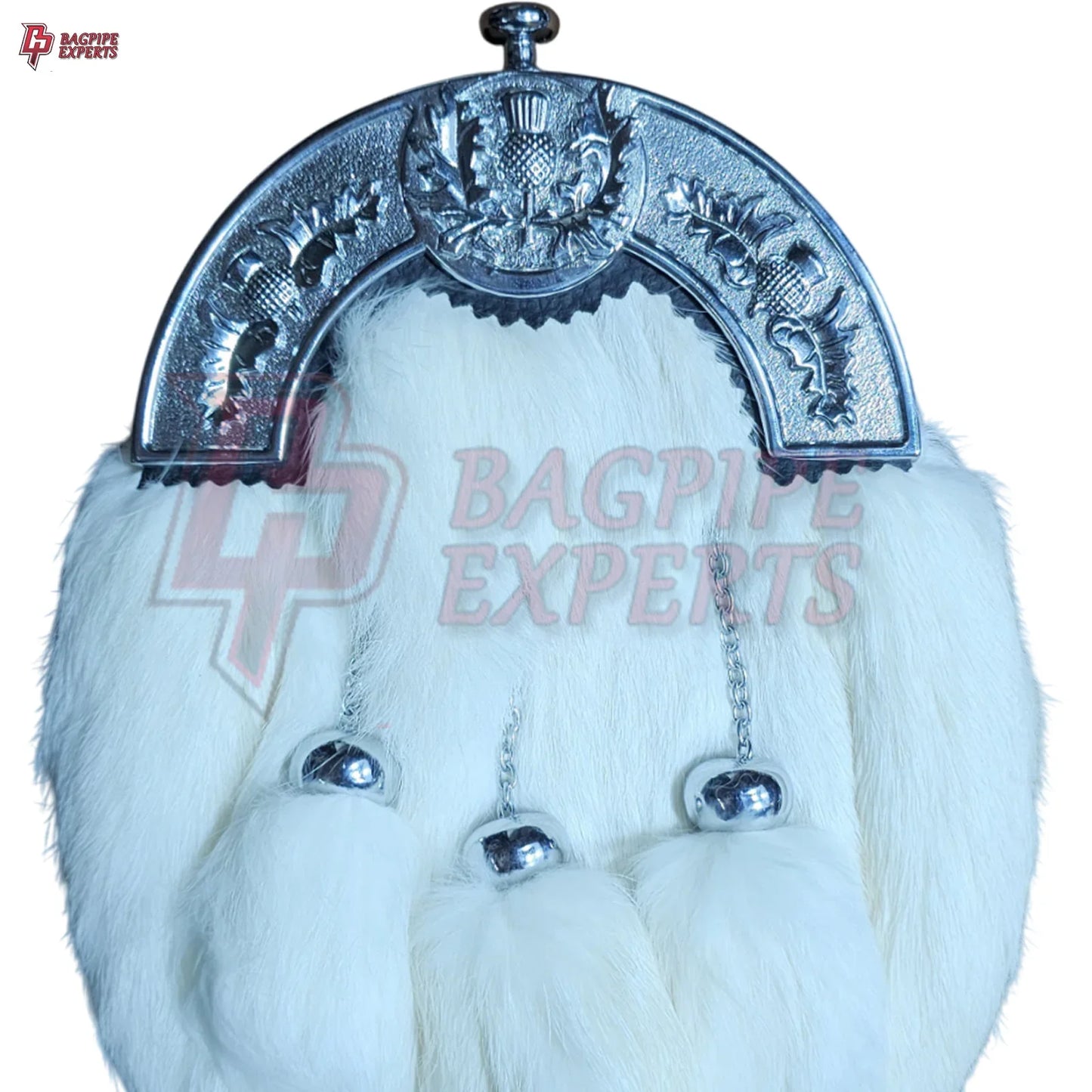 Premium Full White Rabbit Fur Dress Sporran – Polished Chrome Cantle for Formal Highland Wear