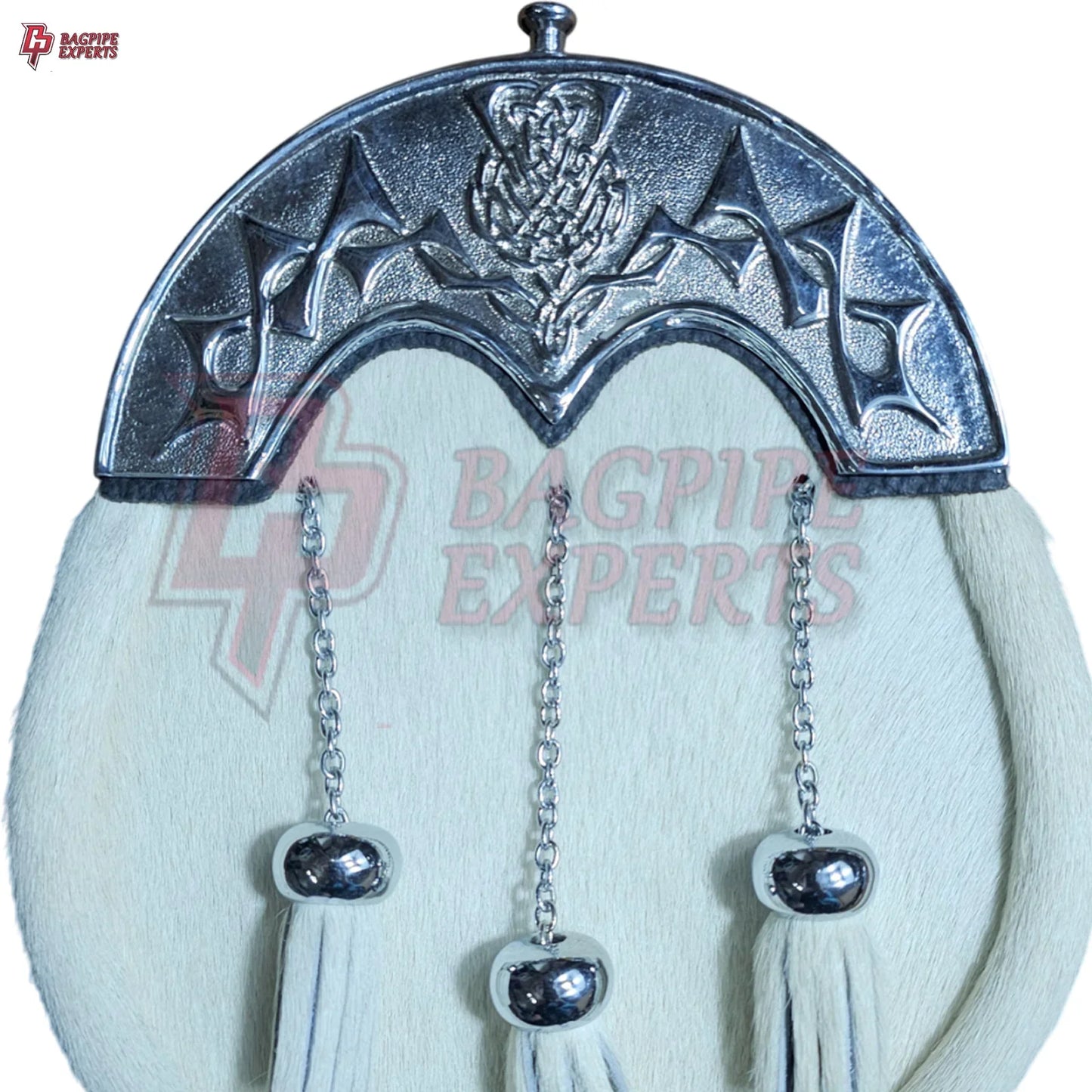 Elegant White Dress Sporran – Chrome Cantle with Celtic Engraved Design & Tassels