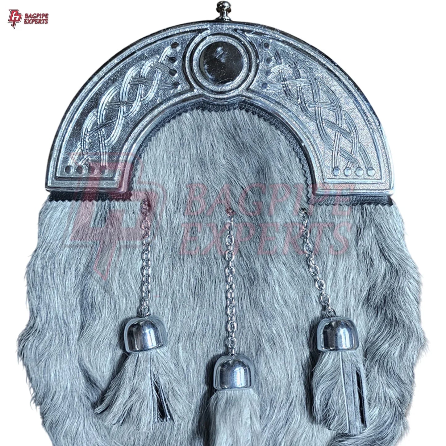 Premium Grey Fur Dress Sporran – Chrome Cantle with Intricate Celtic Design