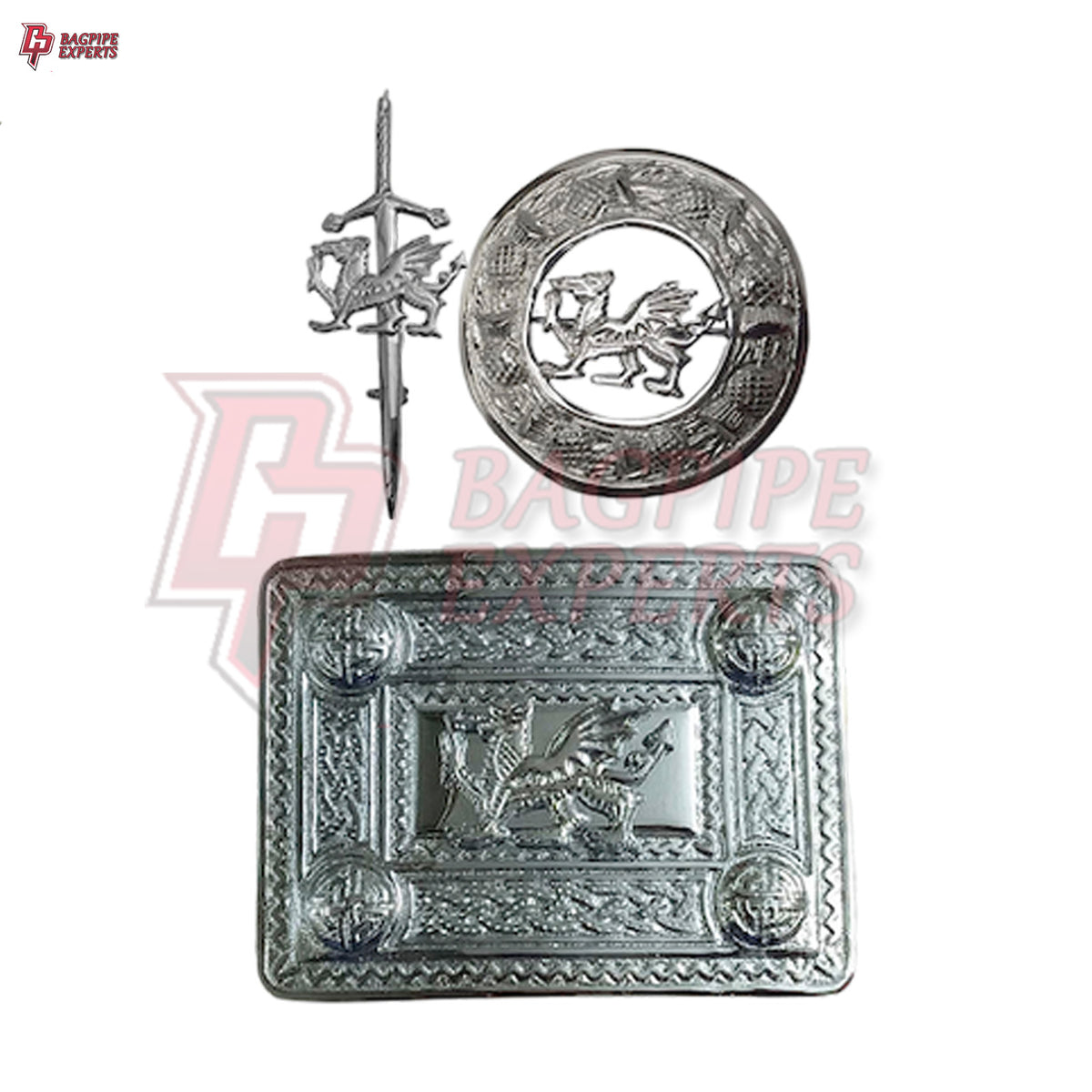 Scottish Kilt Belt Buckle – Dragon Design Chrome Finish with Brooch & Pin