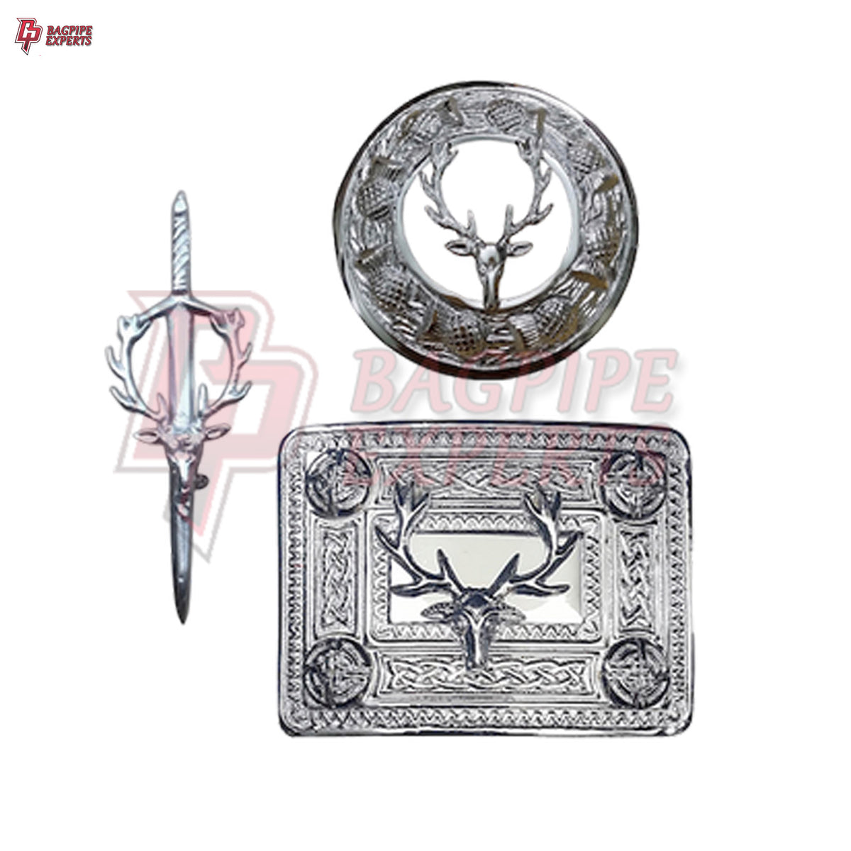 Scottish Kilt Belt Buckle – Celtic Knot Chrome Finish with Brooch & Pin