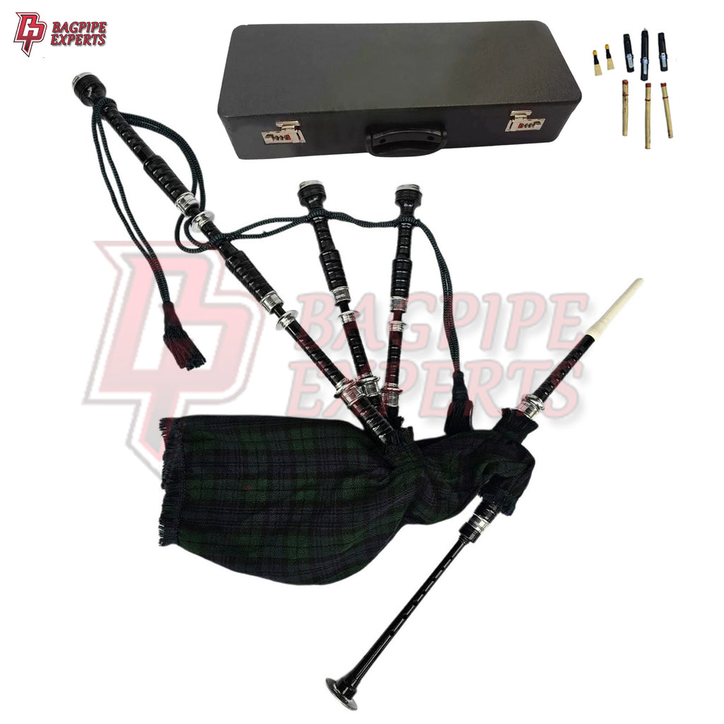 Great Highland Bagpipes – Black Watch Tartan Silver Mount with Case & Reeds