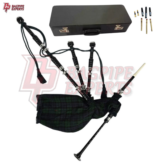 Great Highland Bagpipes – Black Watch Tartan Silver Mount with Case & Reeds