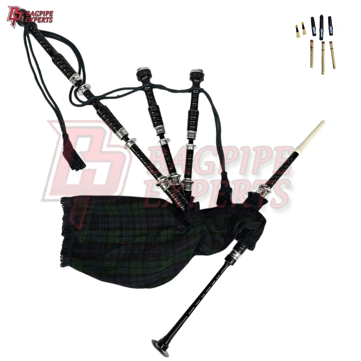Great Highland Bagpipes – Black Watch Tartan Silver Mount with Case & Reeds