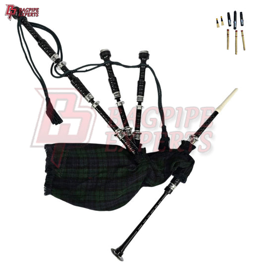 Great Highland Bagpipes – Black Watch Tartan Silver Mount with Case & Reeds