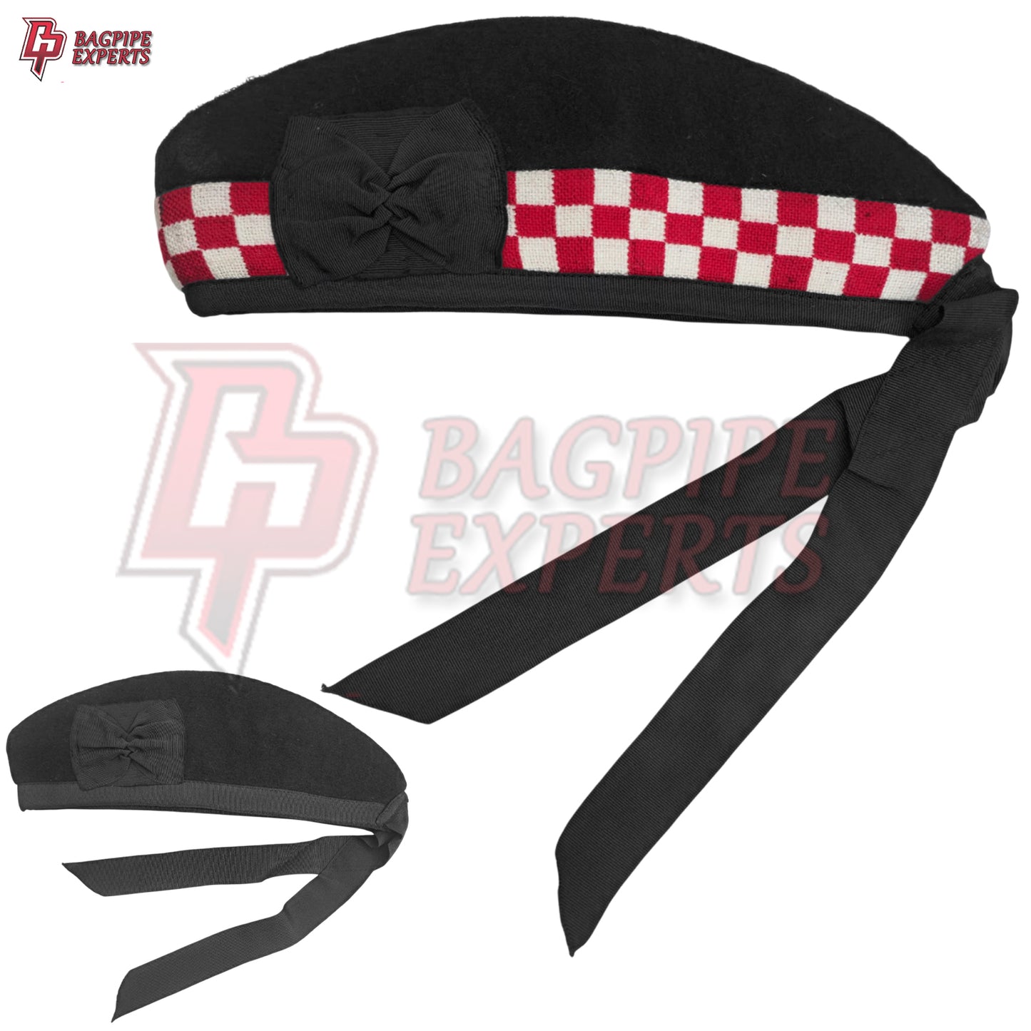 Scottish Glengarry Hat – Wool Diced Cap Black with Red & White Dice Pattern