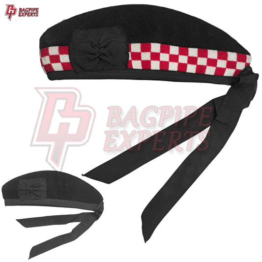Scottish Glengarry Hat – Wool Diced Cap Black with Red & White Dice Pattern