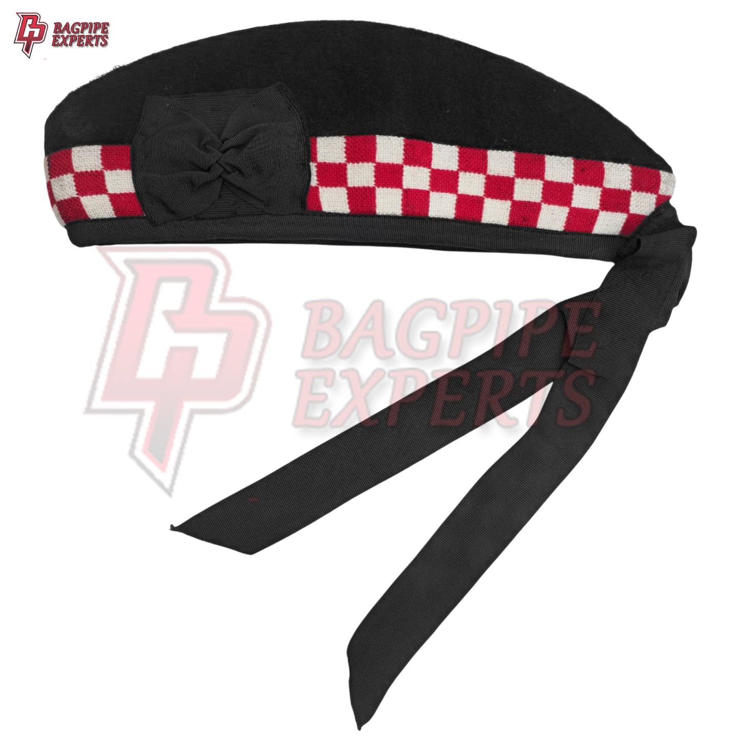 Scottish Glengarry Hat – Wool Diced Cap Black with Red & White Dice Pattern
