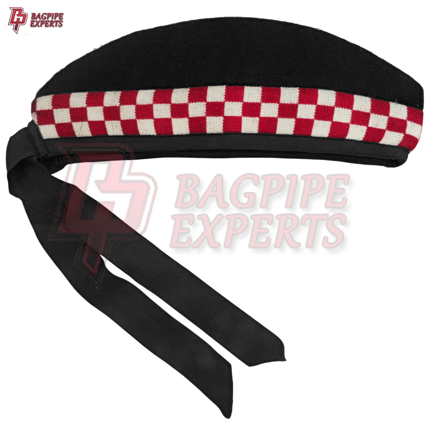 Scottish Glengarry Hat – Wool Diced Cap Black with Red & White Dice Pattern