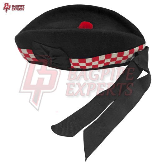 Scottish Glengarry Hat – Wool Diced Cap Black with Red & White Dice Pattern