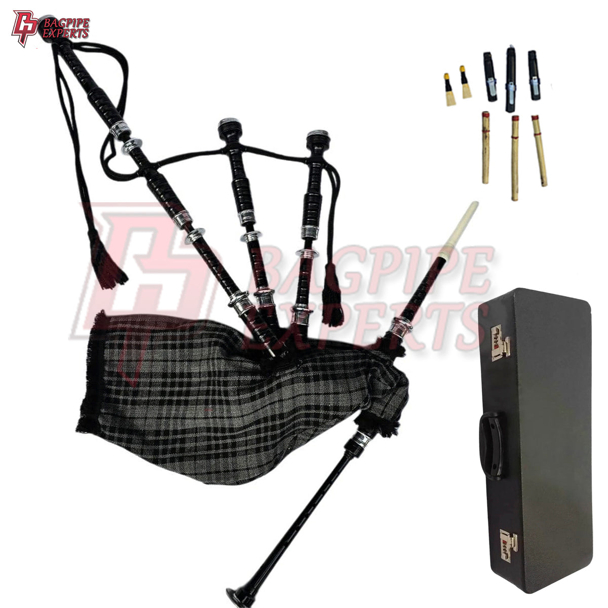 Great Highland Bagpipes – Gray Watch Tartan, Silver Mount with Case & Reeds