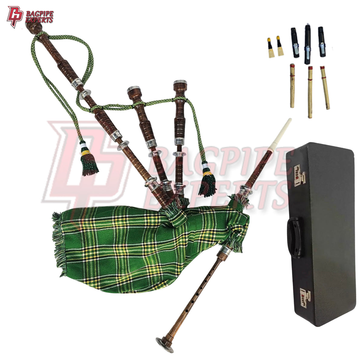 Great Highland Bagpipes – Irish Green with Natural Mount, Case & Reeds