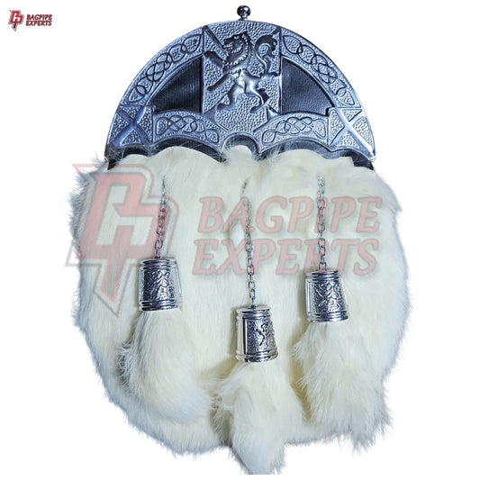 Dress Sporran – White Rabbit Hair with Lion Rampant Chrome Cantle