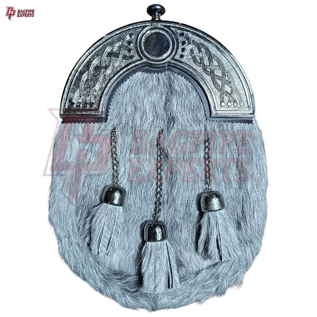 Premium Grey Fur Dress Sporran – 3 Tassels & Polished Chrome Cantle for Highland Wear