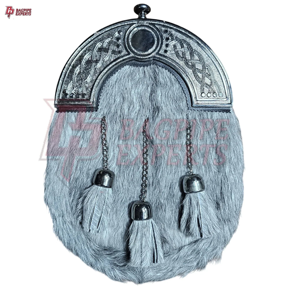 Premium Grey Fur Dress Sporran – 3 Tassels & Polished Chrome Cantle for Highland Wear