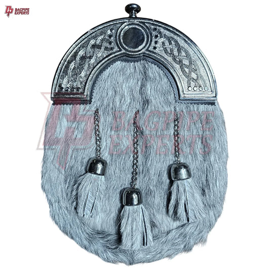 Premium Grey Fur Dress Sporran – 3 Tassels & Polished Chrome Cantle for Highland Wear