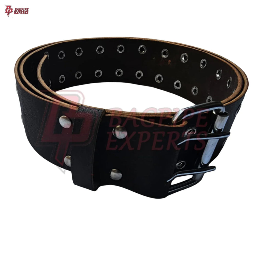 Double Prong Black Leather Belt for Kilt – Heavy-Duty Highland Accessory