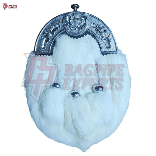 Premium Full White Rabbit Fur Dress Sporran – Polished Chrome Cantle for Formal Highland Wear