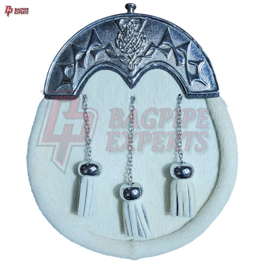 Elegant White Dress Sporran – Chrome Cantle with Celtic Engraved Design & Tassels