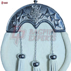 Elegant White Dress Sporran – Chrome Cantle with Celtic Engraved Design & Tassels