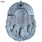 Premium Grey Fur Dress Sporran – Chrome Cantle with Intricate Celtic Design