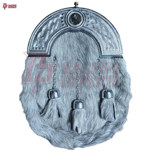 Premium Grey Fur Dress Sporran – Chrome Cantle with Intricate Celtic Design