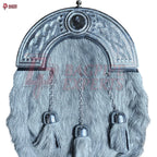 Premium Grey Fur Dress Sporran – Chrome Cantle with Intricate Celtic Design