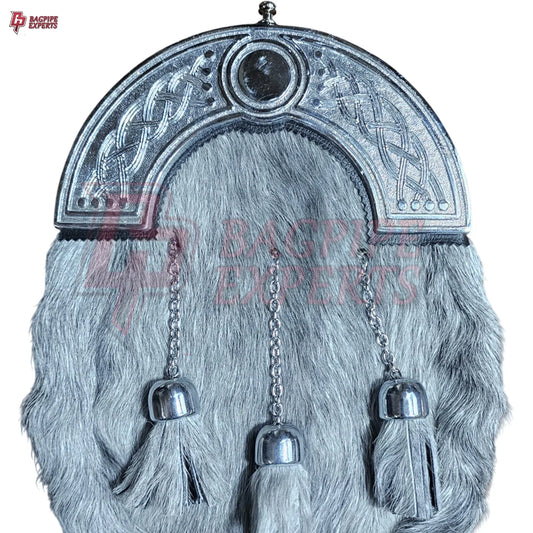 Premium Grey Fur Dress Sporran – Chrome Cantle with Intricate Celtic Design